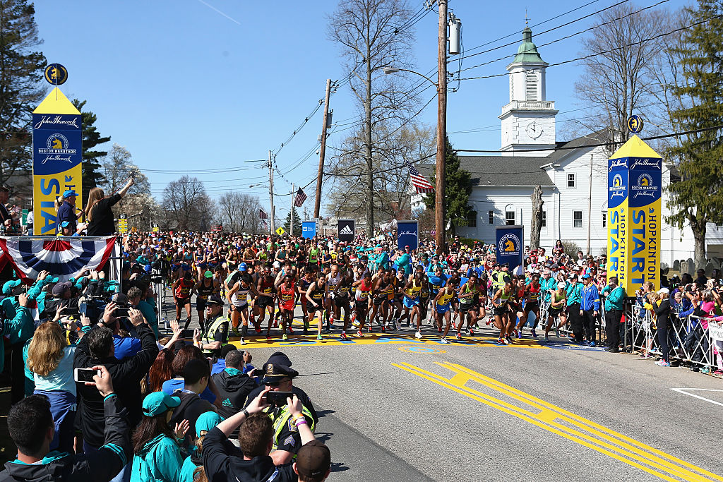 during the 120th Boston Marathon on April 18, 2016 in Hopkinton, Massachusetts.