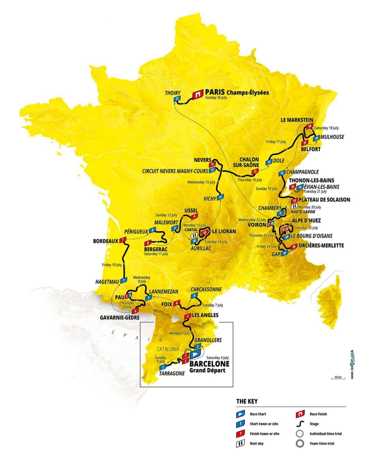 Tour de France 2026 etapit kartalla.